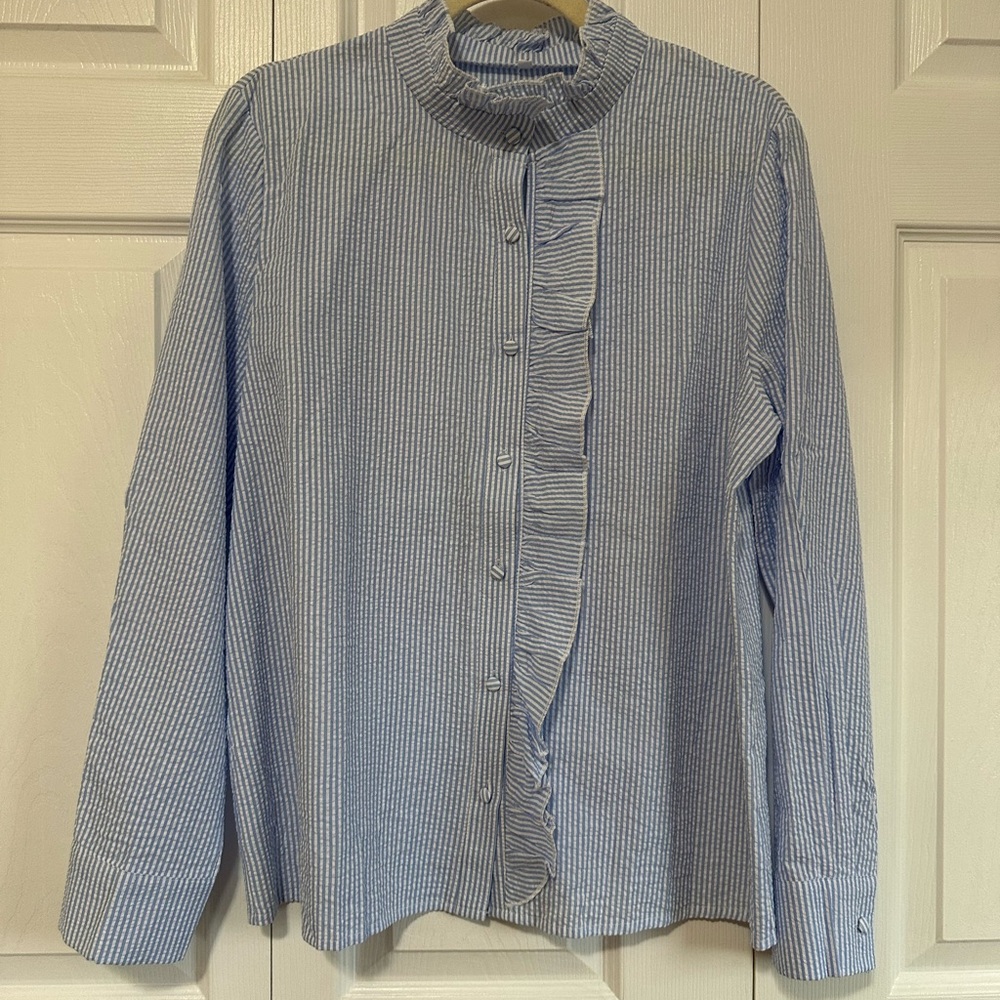 Blue Striped Searsucker Ruffle Blouse
